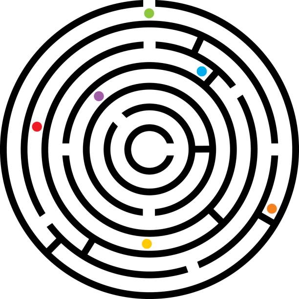 Maze Icon 2 Vector illustration of a black maze with multi colored balls in it. circular maze stock illustrations