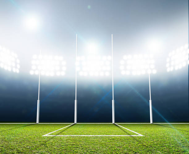 Sports Stadium And Goal Posts An aussie rules football stadium with a marked green grass pitch and goal posts in the nighttime under illuminated floodlights - 3D render track and field stadium stock pictures, royalty-free photos & images