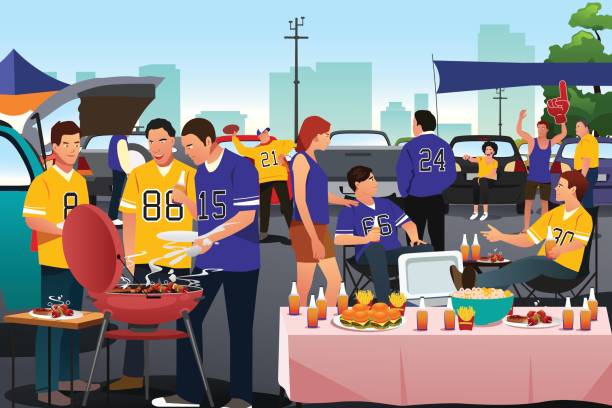 American football fans having a tailgate party A vector illustration of American football fans having a tailgate party tail gate stock illustrations