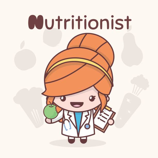 ilustrações, clipart, desenhos animados e ícones de personagens de kawaii bonito chibi. profissões do alfabeto. a letra n - nutricionista. - dietology