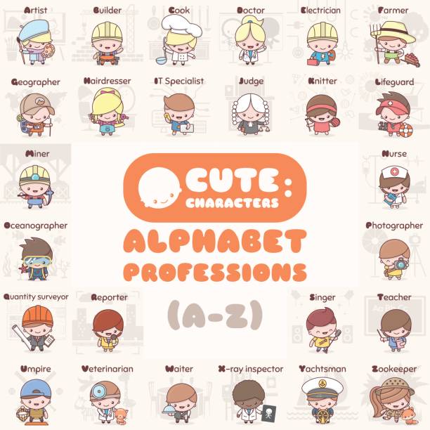 Cute chibi kawaii characters set. Alphabet professions. Letters A to Z. Cute chibi kawaii characters set. Alphabet professions. Letters A to Z. Flat cartoon style electrician humor stock illustrations