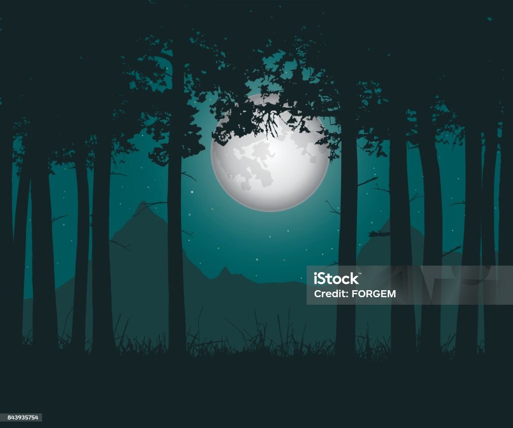 Vector realistic illustration of a haunting forest with grass under a green night sky with moon and stars Spooky stock vector