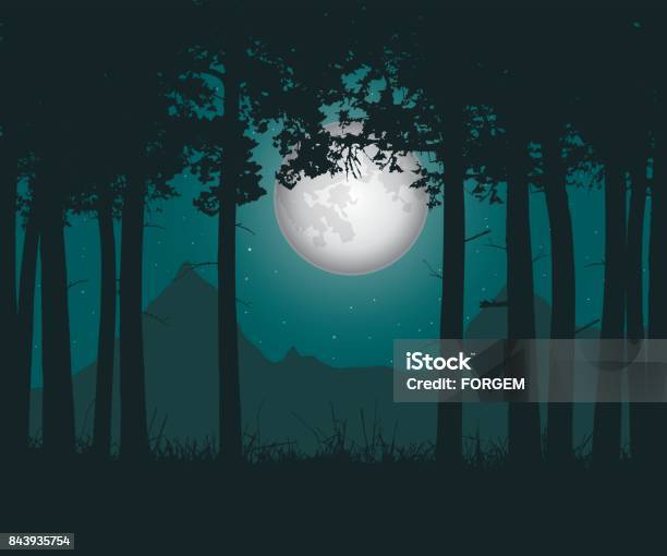 Vector Realistic Illustration Of A Haunting Forest With Grass Under A Green Night Sky With Moon And Stars Stock Illustration - Download Image Now