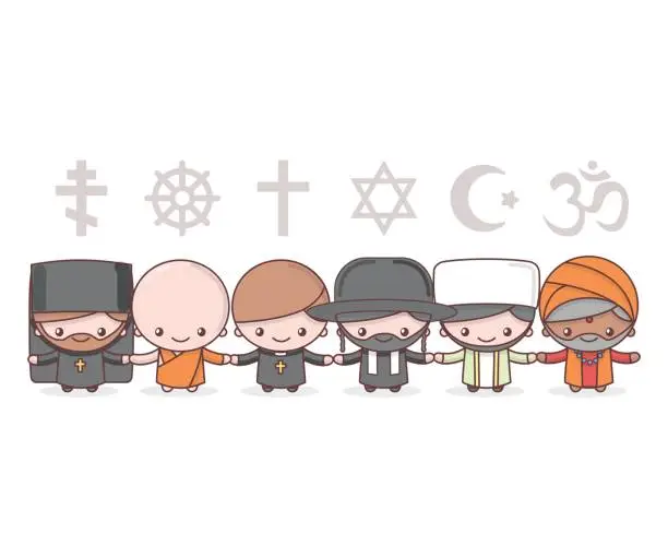 Vector illustration of Cute characters. Judaism Rabbi. Buddhism Monk. Hinduism Brahman. Catholicism Priest. Christianity Holy father. Islam Muslim. Religion vector symbols. Friendship and peace for different creeds.