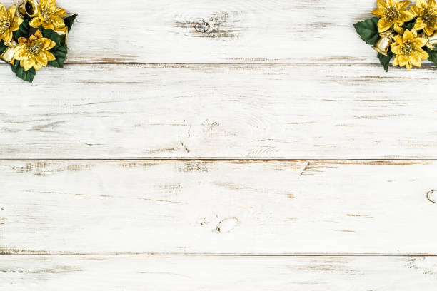 istock Frame for christmas, white wooden background with poinsettia and empty space for text 843951972