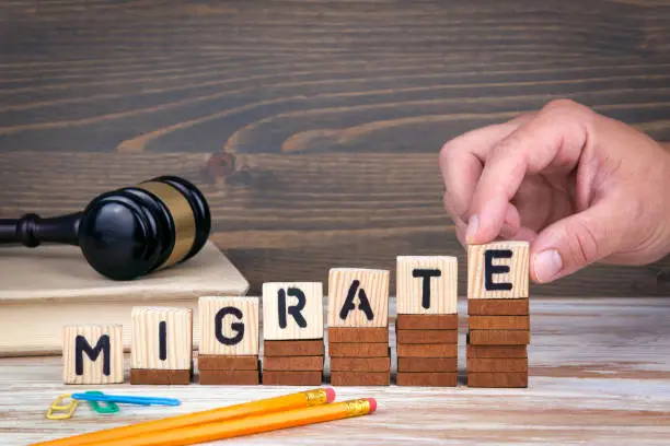 Photo of Migrate concept. Wooden letters on the office desk, informative and communication background