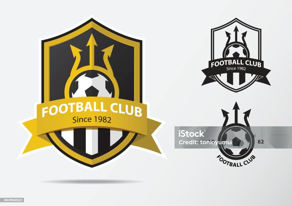 Soccer or Football Badge icon Design for football team. Minimal design of golden fork and golden ribbon. Football club icon in black and white icon. Vector. Soccer or Football Badge icon Design for football team. Minimal design of golden fork and golden ribbon. Football club icon in black and white icon. Vector Illustration. Logo stock vector