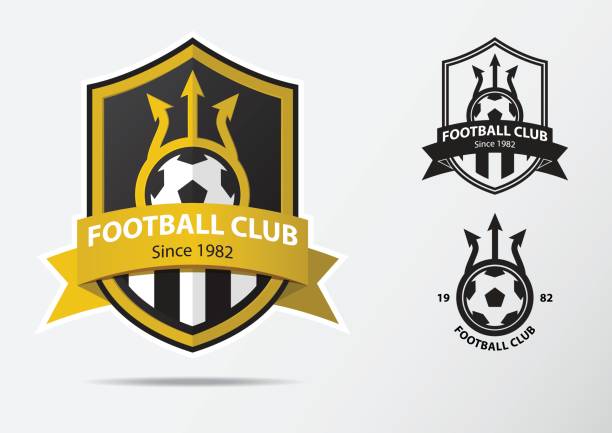 Soccer or Football Badge icon Design for football team. Minimal design of golden fork and golden ribbon. Football club icon in black and white icon. Vector. Soccer or Football Badge icon Design for football team. Minimal design of golden fork and golden ribbon. Football club icon in black and white icon. Vector Illustration. club football stock illustrations