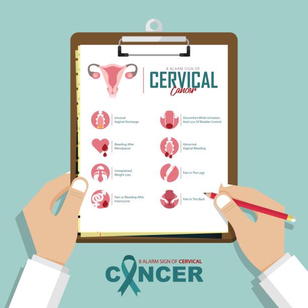 ilustrações, clipart, desenhos animados e ícones de infográfico para 8 alarmantes sinais de câncer cervical em design plano. prancheta de exploração de mão do médico. relatório médico e de saúde. vector. - human vertebra audio