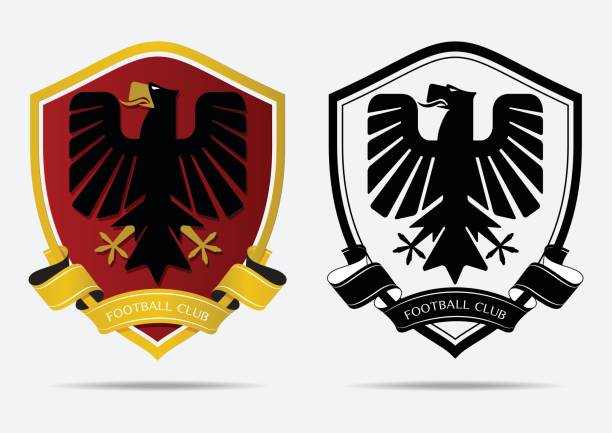 ilustrações, clipart, desenhos animados e ícones de conjunto de ícone do emblema de futebol soccer modelo de design. identidade de equipe de esporte. design minimalista da águia na borda dourada sobre o escudo vermelho. ícone de clube de futebol no ícone preto e branco. vector - futebol de clubes