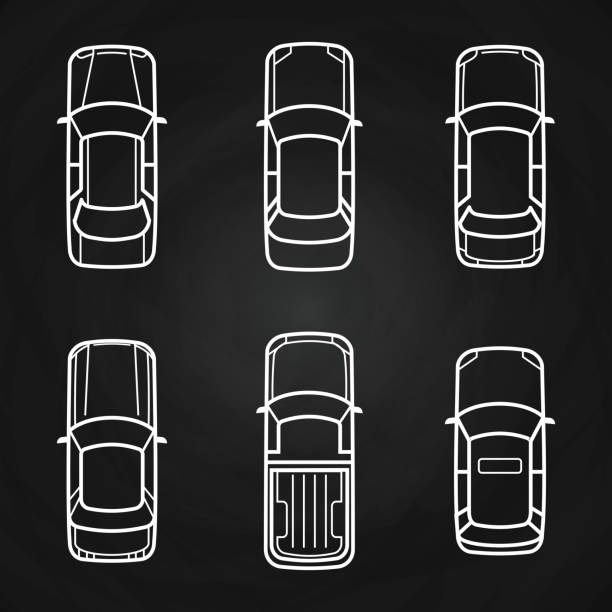 ilustraciones, imágenes clip art, dibujos animados e iconos de stock de coches blancos plantilla set - top de coches ve los iconos - top