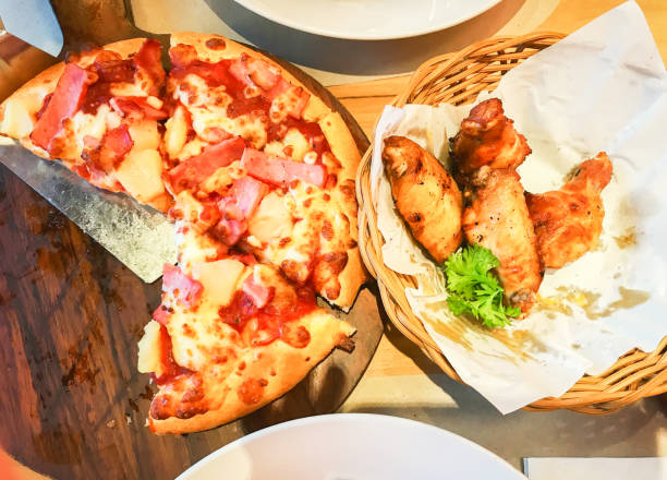 istock close up Hawaiian pan pizza with spicy wing chicken for lunch 843972578