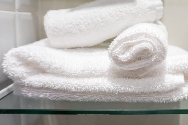 istock Close up white towel texture in luxury bathroom 843972582