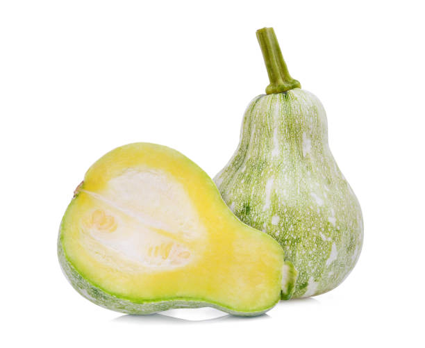 istock young green pumpkin with half isolated on white background 843972910