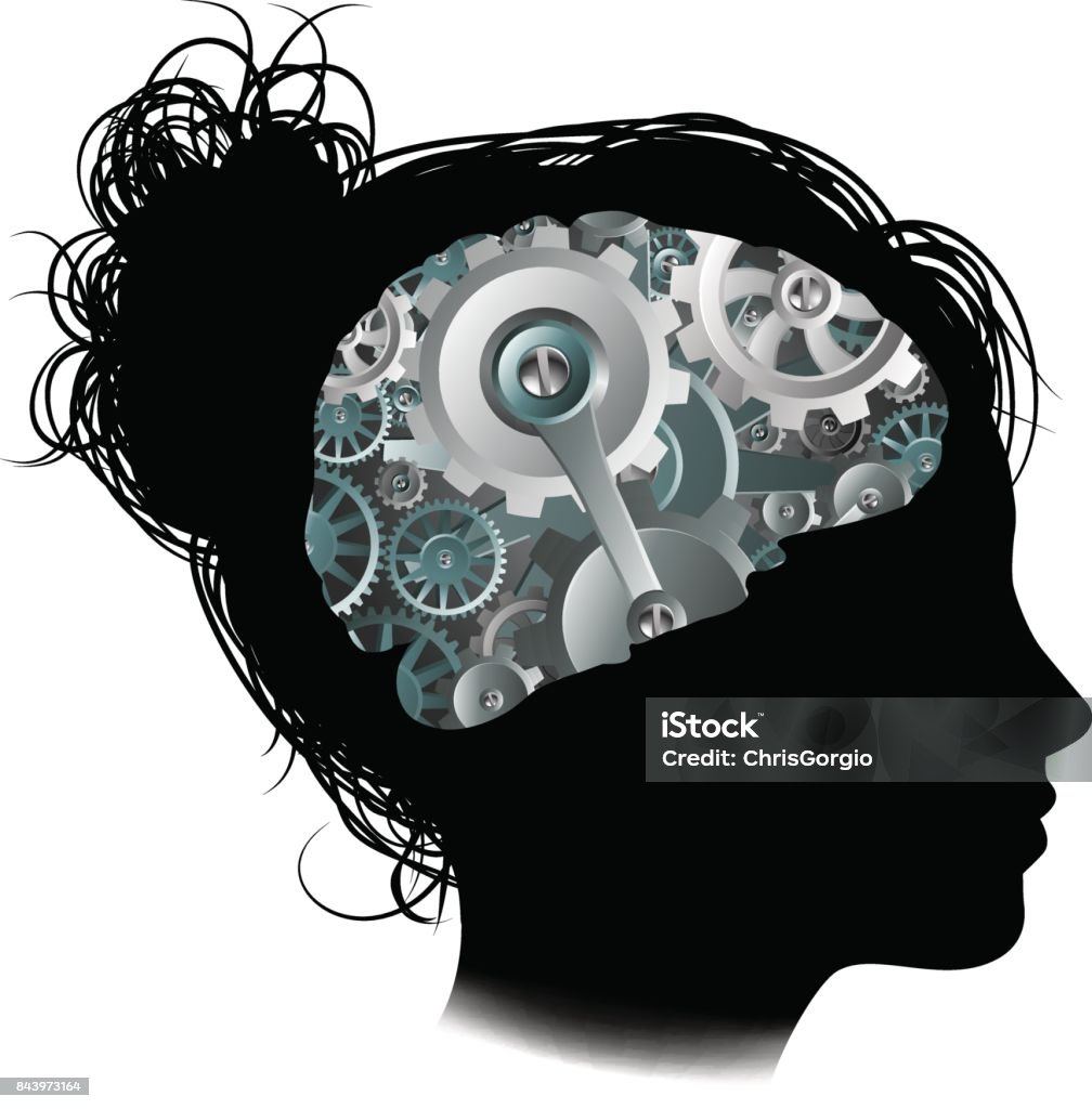 Machine Workings Gears Cogs Brain Woman Concept Silhouette of a woman with a brain made up of gears or cogs workings machine parts Artificial stock vector