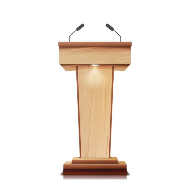 istock Realistic Wooden Tribune Isolated Vector. With Two Microphones. Wooden Classic Podium Stand Rostrum. Illustration 843977312