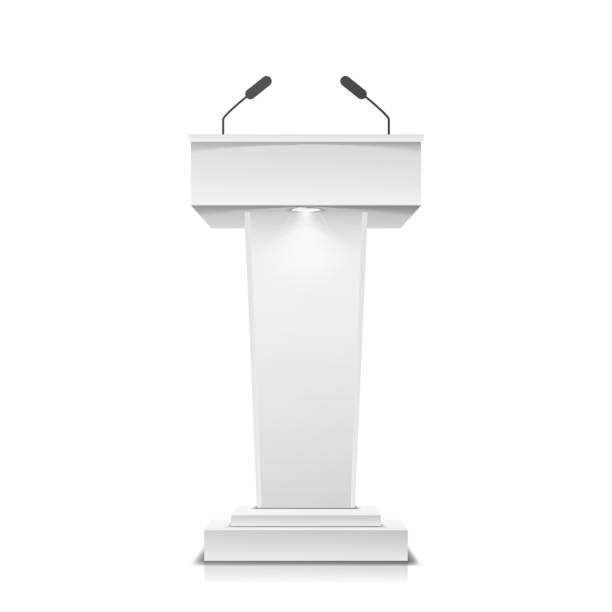 istock Tribune Isolated Vector. White Clean Podium Tribune Rostrum Stand. With Microphones. Illustration 843977598