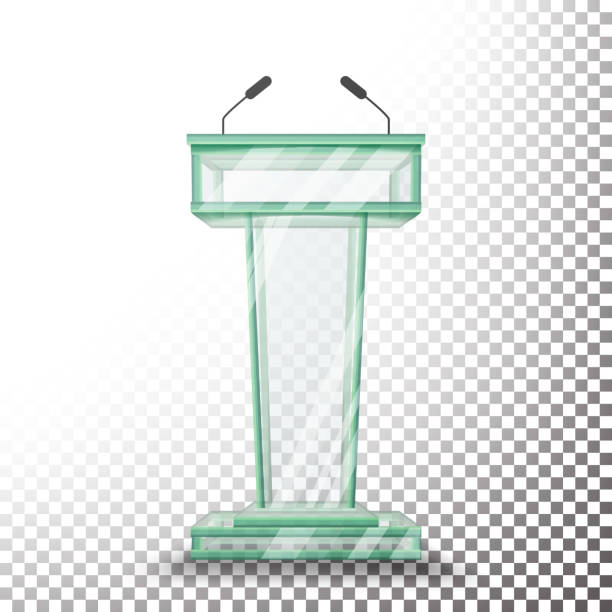 istock Transparent Glass Podium Tribune Vector. Rostrum Stand With Microphones. Isolated On Transparent Background Illustration. Business Presentation Speech 843977920