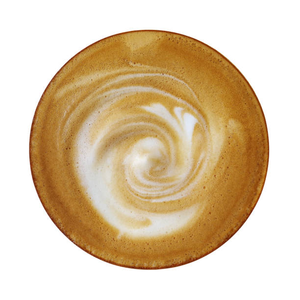 vista superior da taça de capuccino café quente com leite espiral espuma isolado no fundo branco, traçado de recorte incluído. - coffee latté milk cappuccino - fotografias e filmes do acervo