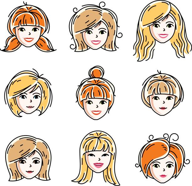 illustrazioni stock, clip art, cartoni animati e icone di tendenza di un insieme di facce femminili, teste umane. diversi personaggi vettoriali come rossa e femmine bionde, attraente viso da donna presenta la collezione. - serious women human face teenager