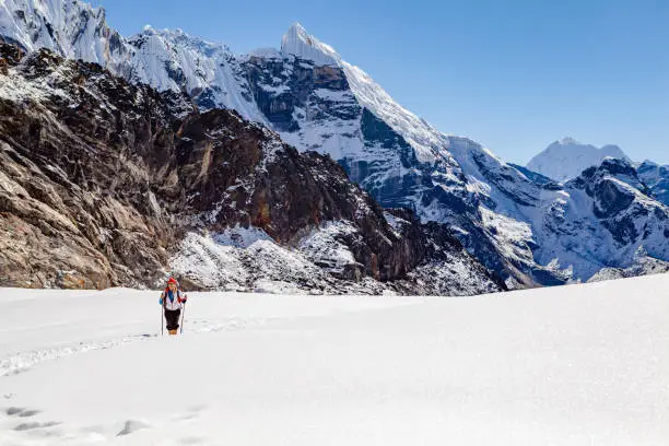 Hiking Woman Crossing Cho La Pass. Himalaya Beautiful Mountain Peaks, Inspirational Autumn Himalayas Landscape in Everest National Park, Nepal.