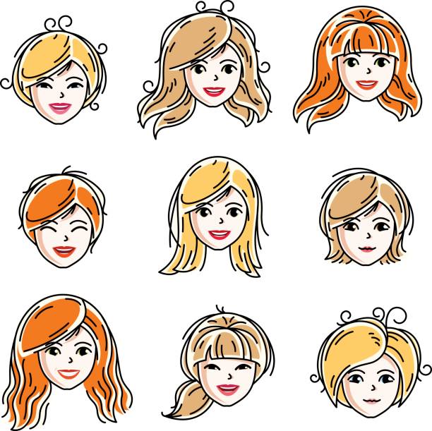 illustrazioni stock, clip art, cartoni animati e icone di tendenza di un insieme di facce femminili, teste umane. diversi personaggi vettoriali come rossa e femmine bionde, attraente viso da donna presenta la collezione. - serious women human face teenager