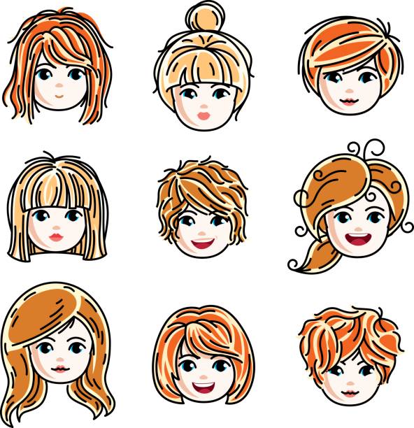 illustrazioni stock, clip art, cartoni animati e icone di tendenza di collezione di simpatiche ragazze sorridenti volti che esprimono emozioni positive, illustrazioni vettoriali della testa umana. set di ragazze adolescenti dai capelli rossi e bionde con bellissime caratteristiche del viso, clipart. - serious women human face teenager