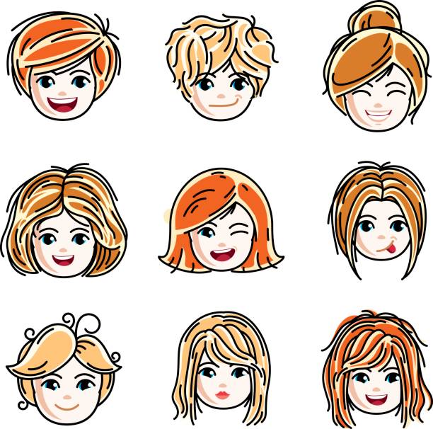 illustrazioni stock, clip art, cartoni animati e icone di tendenza di collezione di simpatiche ragazze sorridenti volti che esprimono emozioni positive, illustrazioni vettoriali della testa umana. set di ragazze adolescenti dai capelli rossi e bionde con bellissime caratteristiche del viso, clipart. - serious women human face teenager