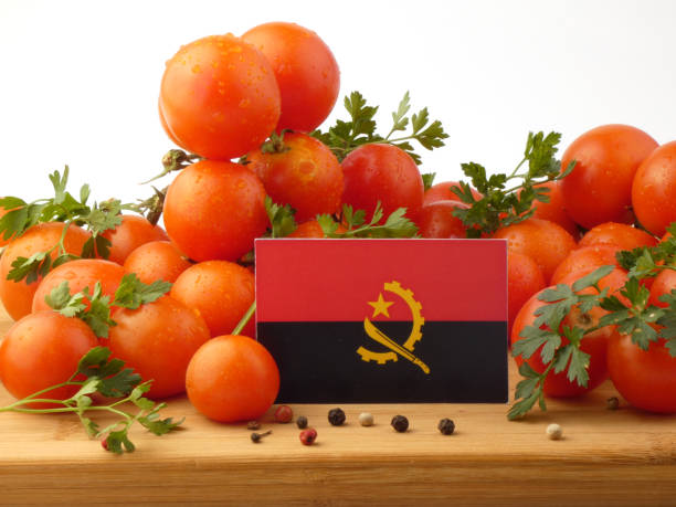 flaga angoli na drewnianym panelu z pomidorami wyizolowanymi na białym tle - basil herb plant organic zdjęcia i obrazy z banku zdjęć