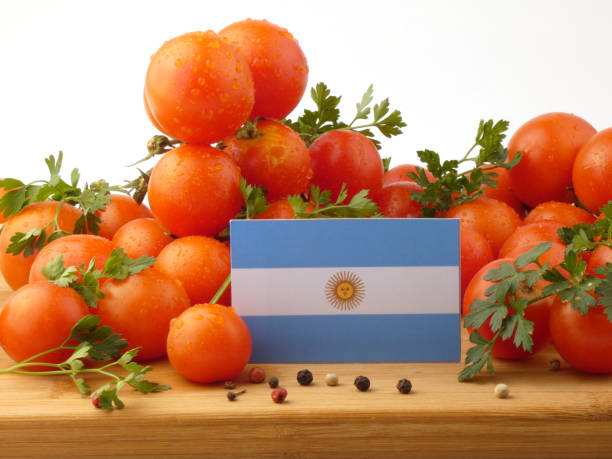 flaga argentyny na drewnianym panelu z pomidorami wyizolowanymi na białym tle - basil herb plant organic zdjęcia i obrazy z banku zdjęć