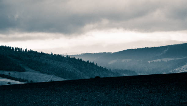 istock A beautiful, abstract monochrome mountain landscape in blue tonality. Decorative, artistic look in black and white style. 844012412