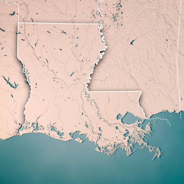 Louisiana State USA 3D Render Topographic Map Neutral Border 3D Render of a Topographic Map of the State of Louisiana, USA.
All source data is in the public domain.
Boundaries Level 1: USGS, National Map, National Boundary Data.
https://viewer.nationalmap.gov/basic/#productSearch
Relief texture and Rivers: SRTM data courtesy of USGS. URL of source image: 
https://e4ftl01.cr.usgs.gov//MODV6_Dal_D/SRTM/SRTMGL1.003/2000.02.11/
Water texture: SRTM Water Body SWDB:
https://dds.cr.usgs.gov/srtm/version2_1/SWBD/ mississippi delta stock pictures, royalty-free photos & images