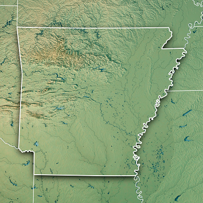 3D Render of a Topographic Map of the State of Arkansas, USA.\nAll source data is in the public domain.\nColor texture: Made with Natural Earth. \nhttp://www.naturalearthdata.com/downloads/10m-raster-data/10m-cross-blend-hypso/\nBoundaries Level 1: USGS, National Map, National Boundary Data.\nhttps://viewer.nationalmap.gov/basic/#productSearch\nRelief texture and Rivers: SRTM data courtesy of USGS. URL of source image: \nhttps://e4ftl01.cr.usgs.gov//MODV6_Dal_D/SRTM/SRTMGL1.003/2000.02.11/\nWater texture: SRTM Water Body SWDB:\nhttps://dds.cr.usgs.gov/srtm/version2_1/SWBD/