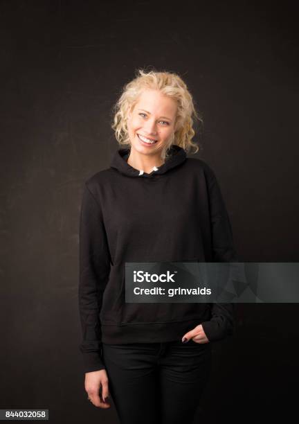Woman Wearing Black Sweater Stock Photo - Download Image Now - Women, Hooded Shirt, Model - Object