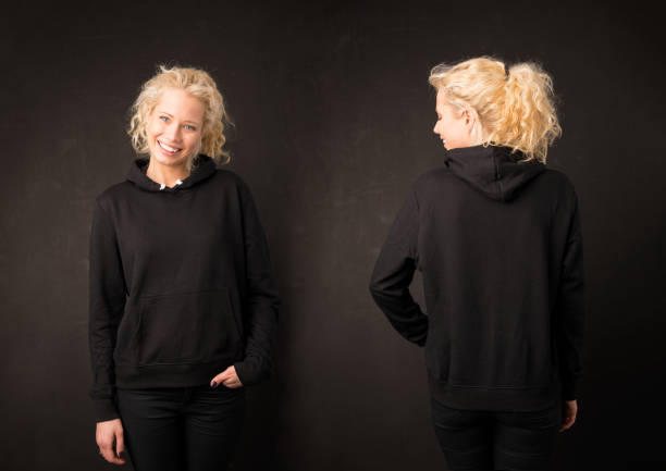 Woman in black hoodie from front and back