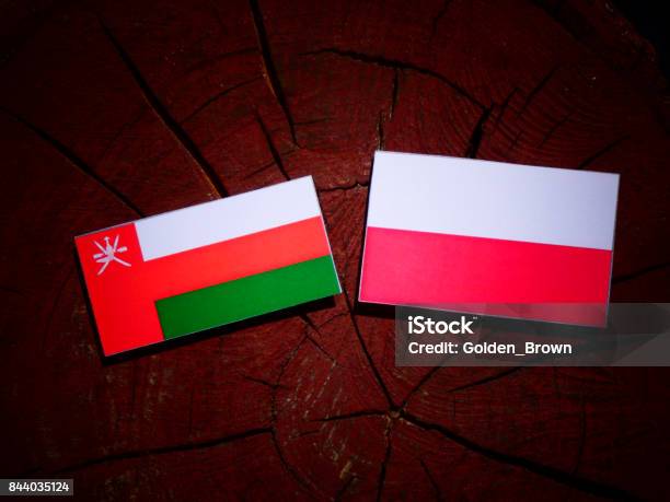 Omani Flag With Polish Flag On A Tree Stump Isolated Stock Photo - Download Image Now