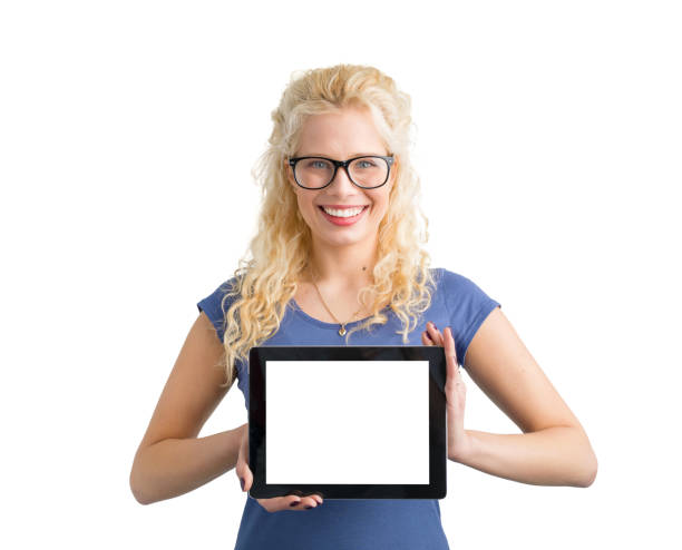 istock Hipster woman holding computer tablet with blank screen 844040294