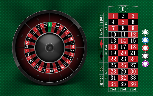 Casino Gambling background design with realistic Roulette Wheel and Casino Chips. Roulette table isolated on green background. Vector illustration EPS 10.