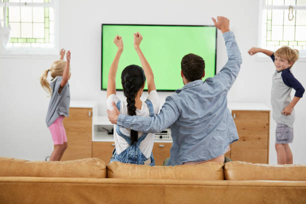 Family Watching Sports On Television And Cheering Family Watching Sports On Television And Cheering home run photos stock pictures, royalty-free photos & images