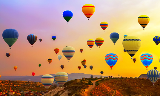 Tourists ride hot air ballons flight Balloon Festival panorama
