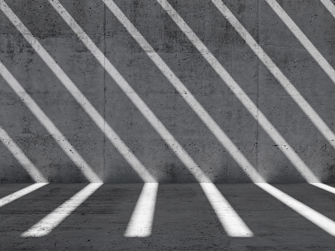 Abstract empty interior background. Concrete room with pattern of shadows and light beams on the wall, front view, 3d illustration