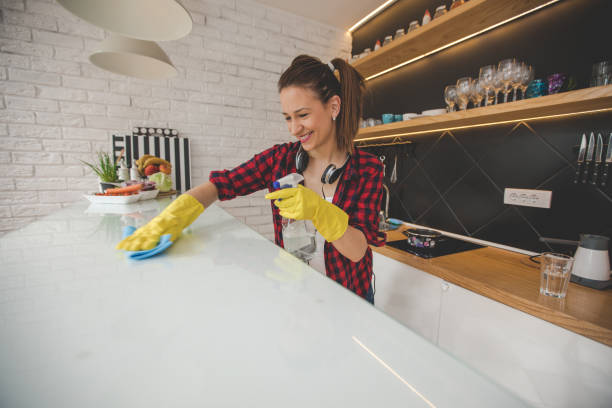 hermosa mujer de la limpieza - cleaning domestic kitchen counter top housework fotografías e imágenes de stock