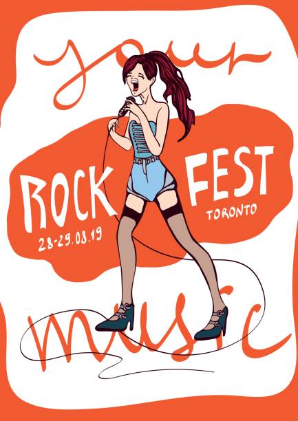 ロック音楽祭のポスターのテンプレートです。マイクで歌っている女の子。ベクトルの図。 - rocky mountains audio点のイラスト素材／クリップアート素材／マンガ素材／アイコン素材