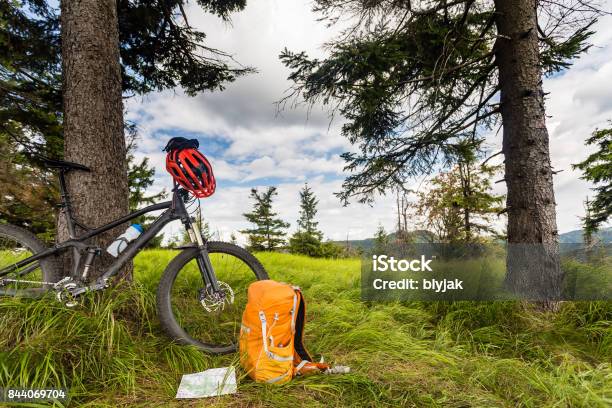 Mountain Biking Equipment In The Woods Bikepacking Stock Photo - Download Image Now