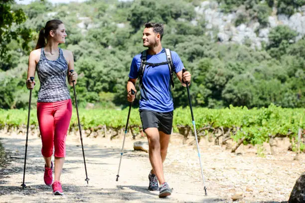 beautiful young couple sport fitness nordic walking and exercising together outdoor summer countryside forest