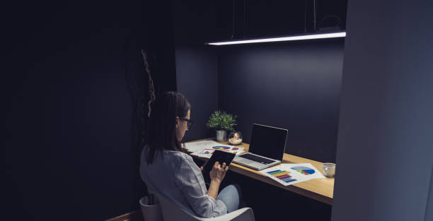 istock Young business woman working late at night 844073840