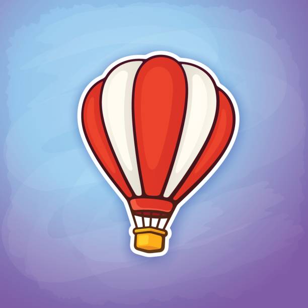 istock Vector illustration. Hot air balloon in red and white stripes on sky background. Summer journey by air transport. Sticker in cartoon style with contour. Isolated on blue background 844073990