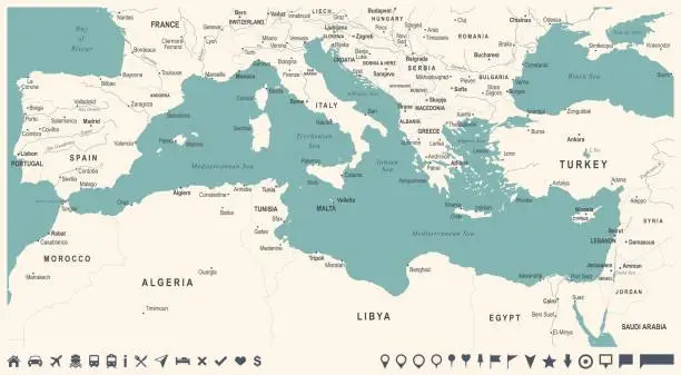 Vector illustration of Mediterranean sea Map - Vintage Vector Illustration