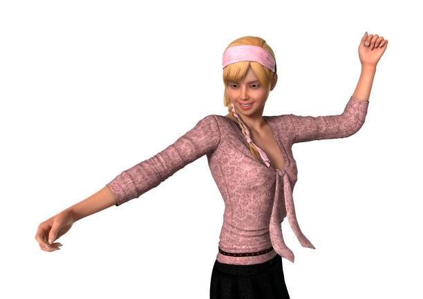 Smiling blonde woman waving hand at camera on pink and blue background