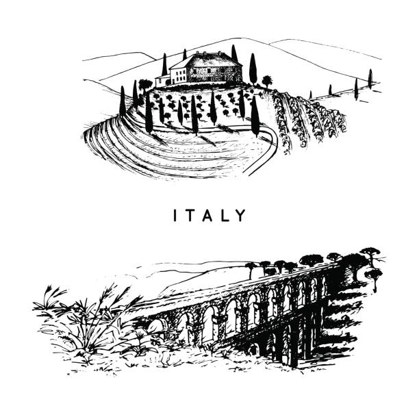 이탈리아 풍경 로마 수도교와 토스카 빌라 설정합니다. 벡터 손 이탈리아 명소의 그림을 스케치 했다. - italy landscape tuscany retro revival stock illustrations
